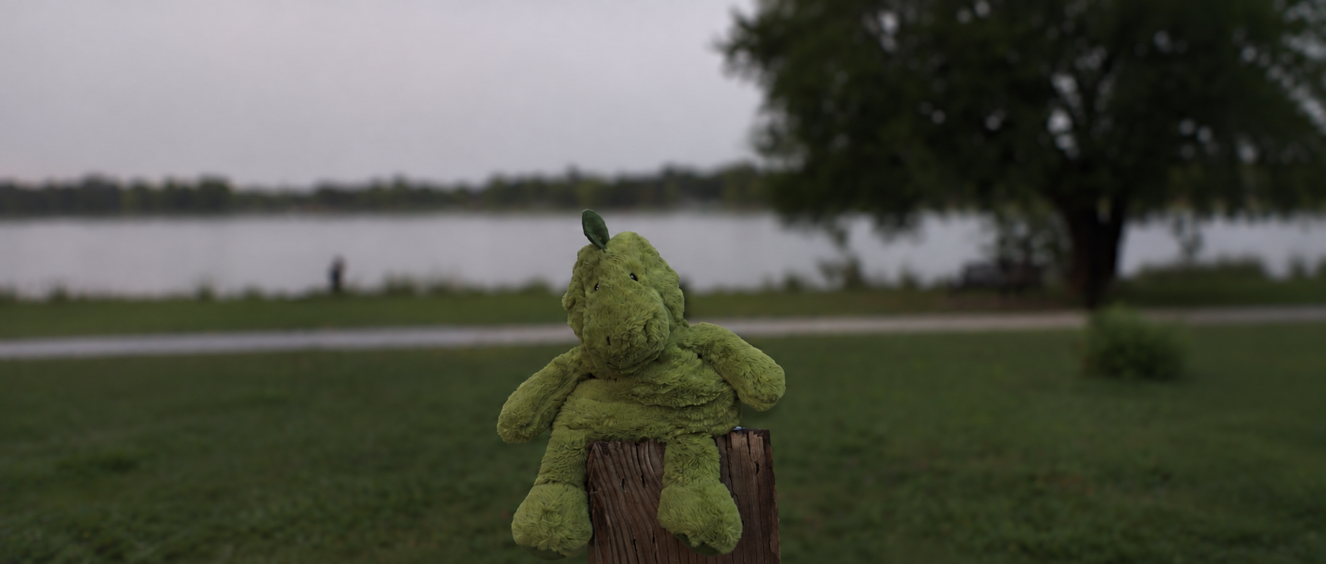 Green plush dinosaur on a wooden post by a lake